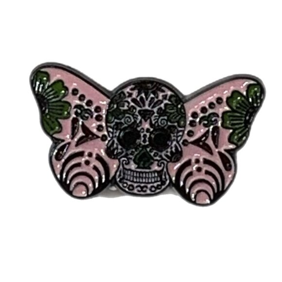 Pink Butterfly Moth Floral Sugar Skull Enamel Pin Brooch Spooky Goth - Picture 2 of 6
